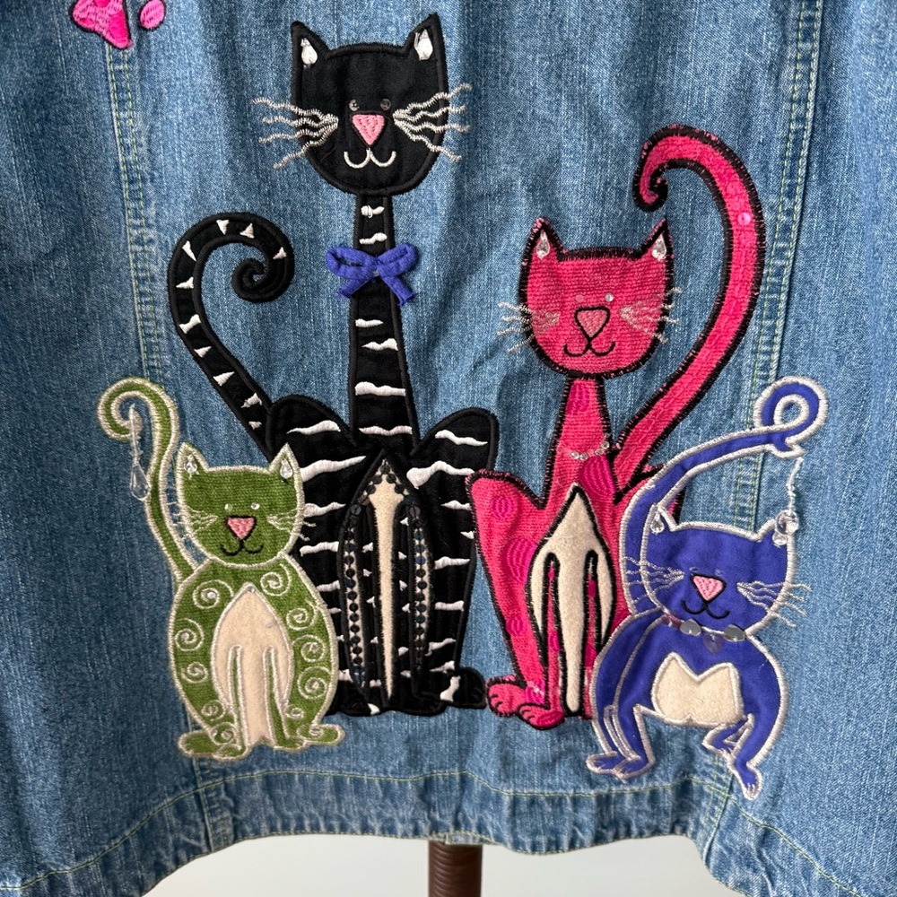 🐾 Blue Bayou Cat Embroidered Denim Jacket XL - Picture 2 of 15